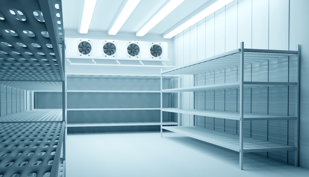 Refrigeration,Chamber,For,Food,Storage.,Metal,Shelves,And,Racks,For